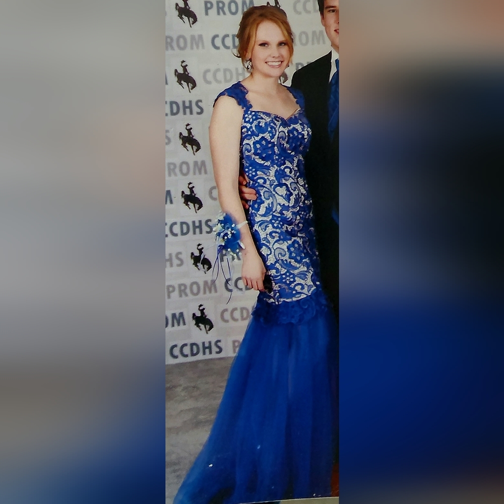 Stunning custom made Royal Blue gown / dress with lace overlay and open back